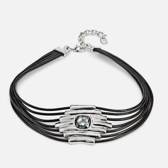 Uno de 50 Fearless Attached Crystal Choker Necklace Silver Multi Strand leather - Picture 2 of 15